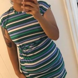 No Comment Blue, Green, Black, and White Striped Dress